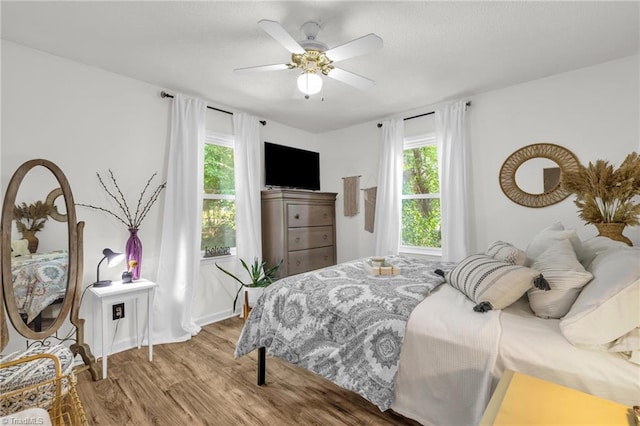 8194 Brotherstwo Rd, Colfax, NC 27235 - bedroom featuring multiple windows, wood finished floors, ceiling fan, and a textured ceiling