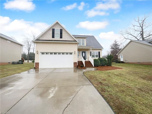 traditional-style home with a garage, concrete driveway, a front lawn, and brick siding