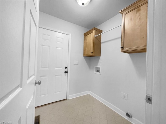 laundry room featuring washer hookup, light floors, cabinet space, visible vents, and baseboards