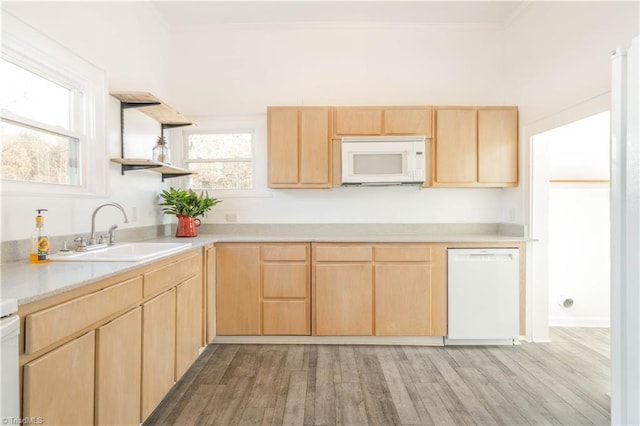 kitchen featuring light brown cabinets, white appliances, light wood-type flooring, sink, and ornamental molding