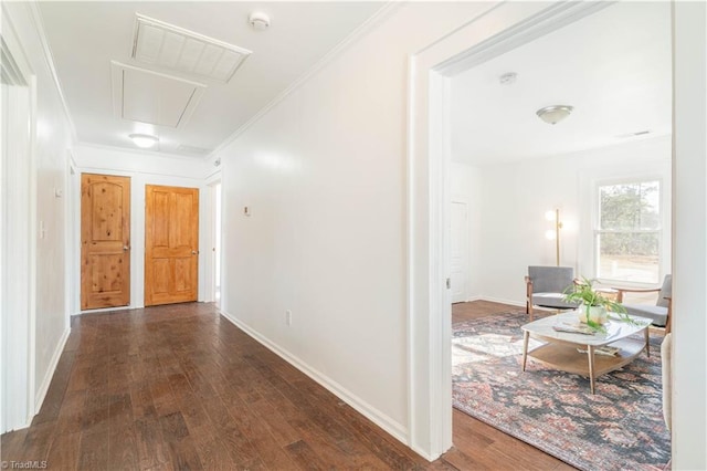 corridor with ornamental molding and dark hardwood / wood-style floors