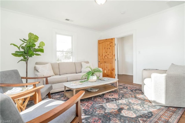 living room featuring dark hardwood / wood-style flooring and crown molding