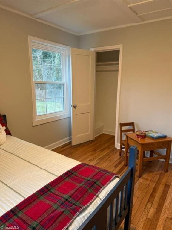 bedroom with hardwood / wood-style flooring and a closet