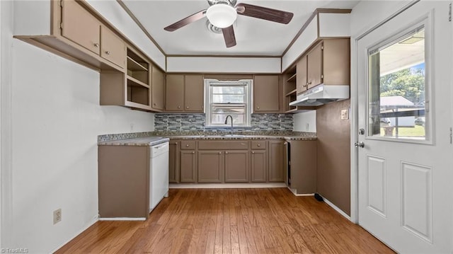 626 State Ave, High Point, NC 27262 - kitchen featuring open shelves, under cabinet range hood, a ceiling fan, and light wood-style floors