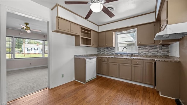 626 State Ave, High Point, NC 27262 - kitchen featuring a ceiling fan, dishwasher, backsplash, and light wood-type flooring