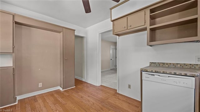 626 State Ave, High Point, NC 27262 - kitchen with white dishwasher, a ceiling fan, light wood finished floors, and open shelves
