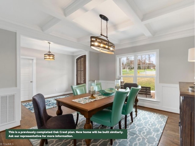 dining room featuring coffered ceiling, wood finished floors, visible vents, wainscoting, and beam ceiling