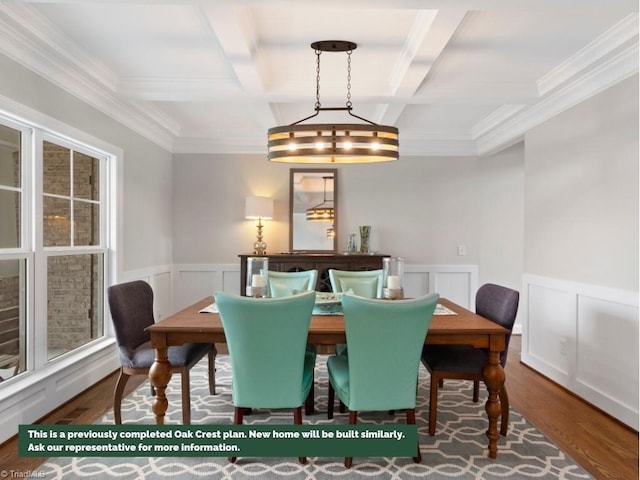 dining space featuring wainscoting, coffered ceiling, wood finished floors, and beamed ceiling