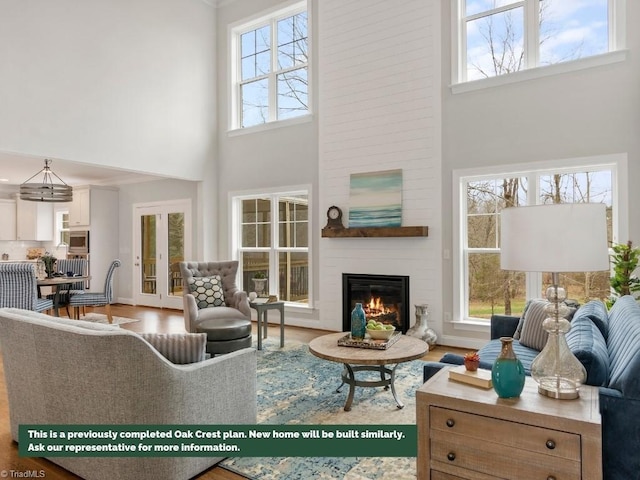 living room featuring a fireplace, a high ceiling, and wood finished floors