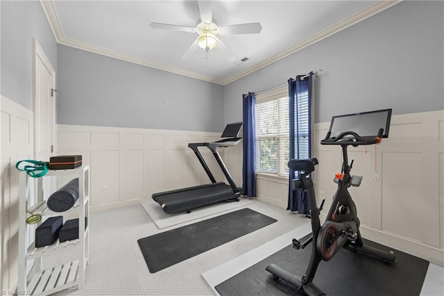 exercise area with visible vents, wainscoting, a decorative wall, ceiling fan, and carpet flooring