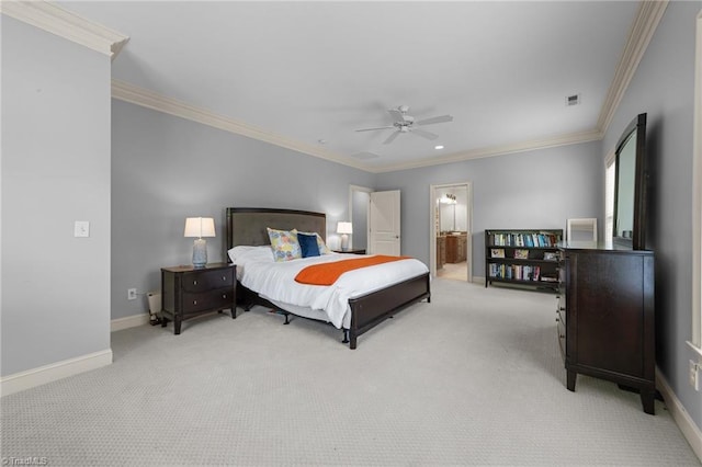 bedroom with carpet floors, ornamental molding, baseboards, and ceiling fan