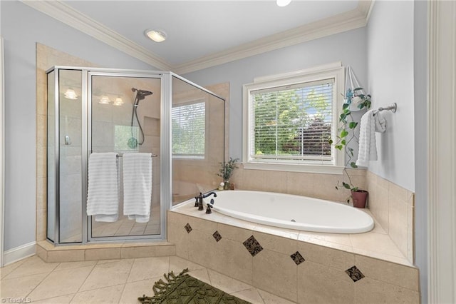 full bath with a garden tub, tile patterned floors, a stall shower, and ornamental molding