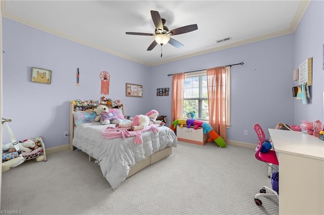 bedroom with visible vents, carpet flooring, baseboards, and ornamental molding