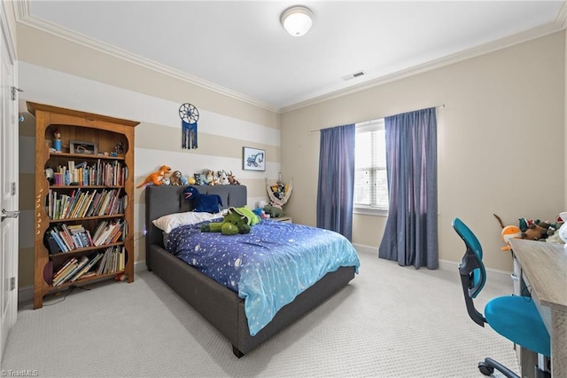 carpeted bedroom with baseboards, visible vents, and ornamental molding