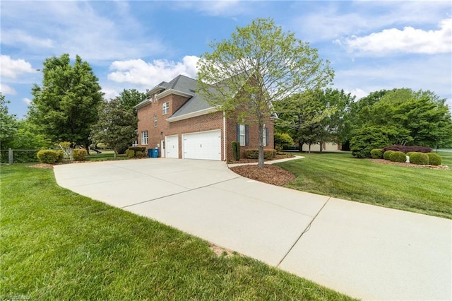 view of property exterior with brick siding, a yard, and driveway