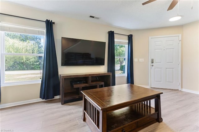 3602 Turquoise Dr, Durham, NC 27703 - living area featuring ceiling fan, light wood finished floors, baseboards, and a textured ceiling
