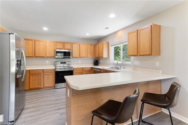 3602 Turquoise Dr, Durham, NC 27703 - kitchen featuring stainless steel appliances, a peninsula, a sink, light wood finished floors, and a kitchen breakfast bar