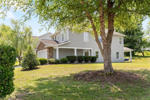 3602 Turquoise Dr, Durham, NC 27703 - traditional-style home with a front lawn, a garage, and stone siding