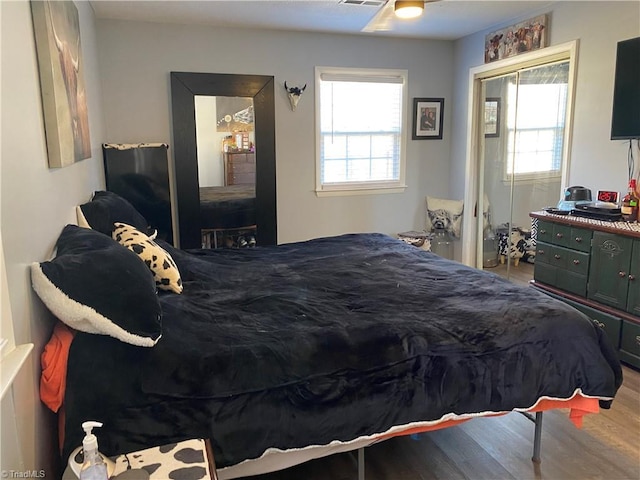 bedroom with a closet and hardwood / wood-style floors