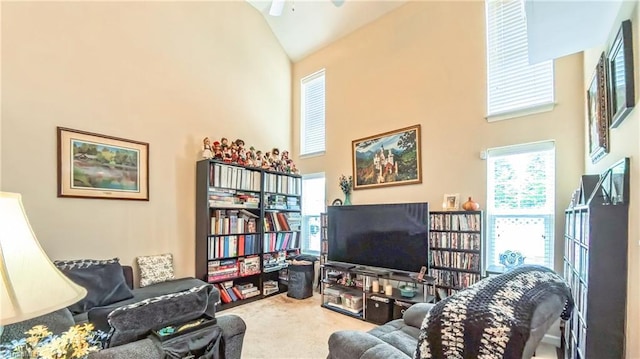 104 Tilleys Grove Dr, Kernersville, NC 27284 - living room with high vaulted ceiling, carpet, and a ceiling fan