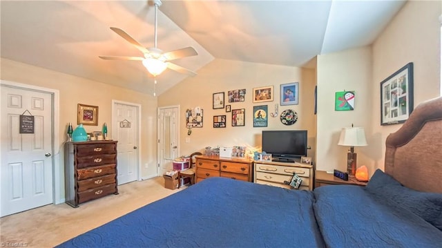 104 Tilleys Grove Dr, Kernersville, NC 27284 - bedroom with light carpet, lofted ceiling, two closets, and a ceiling fan