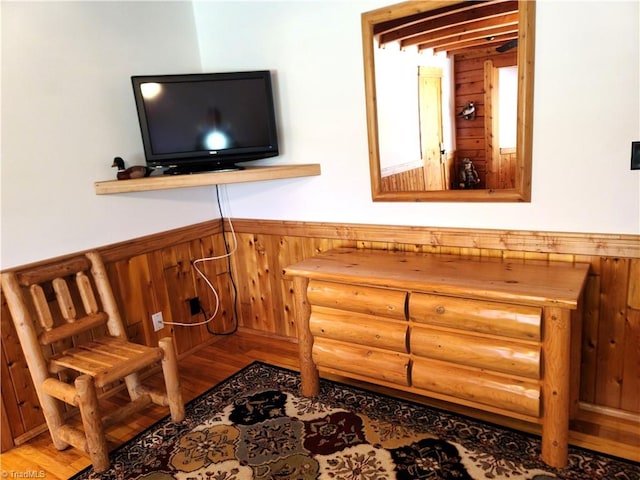 living area with rustic walls and wood-type flooring