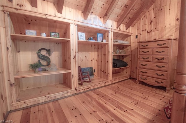 mudroom with lofted ceiling with beams, wooden walls, light hardwood / wood-style flooring, and wooden ceiling