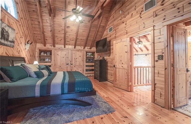 bedroom featuring beam ceiling, wood walls, light hardwood / wood-style flooring, and wooden ceiling