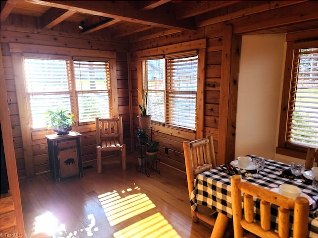 dining space with wood walls, plenty of natural light, and hardwood / wood-style floors