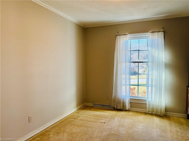 unfurnished room with light carpet, a textured ceiling, plenty of natural light, and crown molding