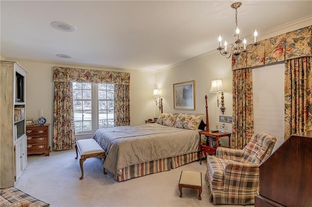 bedroom with an inviting chandelier, crown molding, and light colored carpet