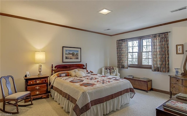 bedroom with light colored carpet, crown molding, visible vents, and baseboards