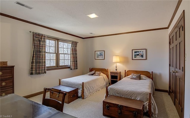 bedroom featuring ornamental molding, light colored carpet, and visible vents