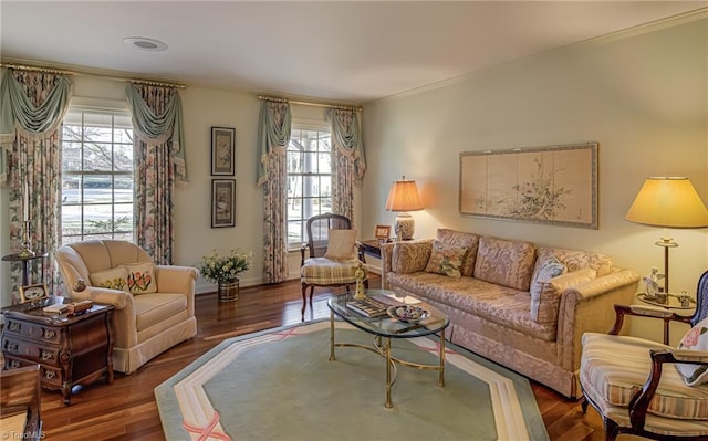 living room with dark wood-style flooring and baseboards