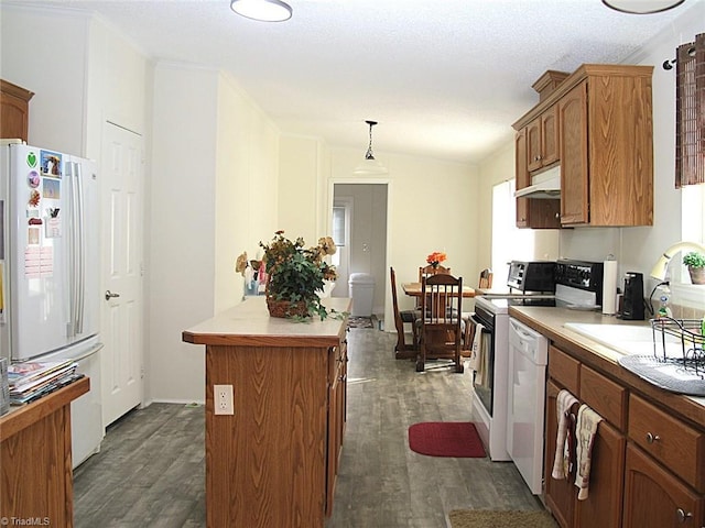 kitchen with dark hardwood / wood-style floors, a center island, pendant lighting, and white appliances