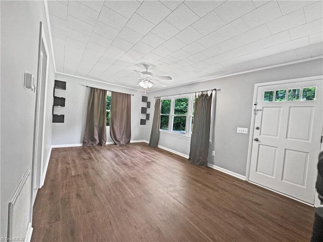 964 Mountain View Rd, North Wilkesboro, NC 28659 - unfurnished living room with a ceiling fan, wood finished floors, baseboards, and ornamental molding