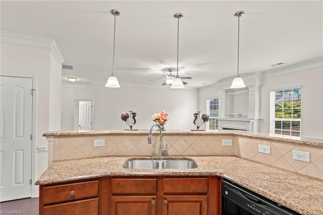 kitchen with crown molding, dishwasher, tasteful backsplash, and sink