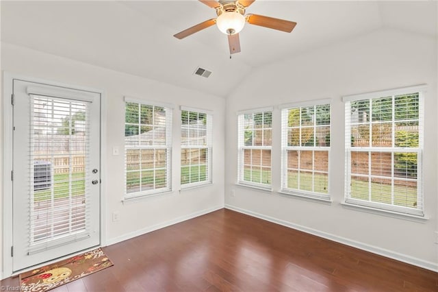 unfurnished sunroom featuring lofted ceiling and ceiling fan