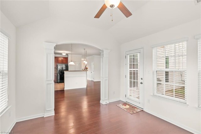 4887 Old Towne Village Cir, Pfafftown, NC 27040 - interior space with ceiling fan, dark wood-type flooring, ornate columns, and lofted ceiling