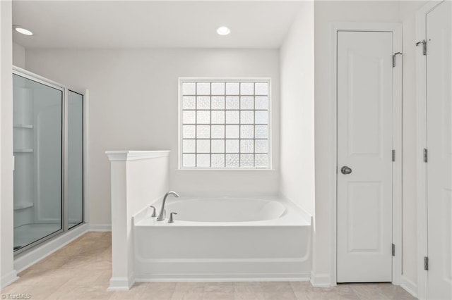 4887 Old Towne Village Cir, Pfafftown, NC 27040 - full bathroom featuring baseboards, a shower stall, recessed lighting, and a bath