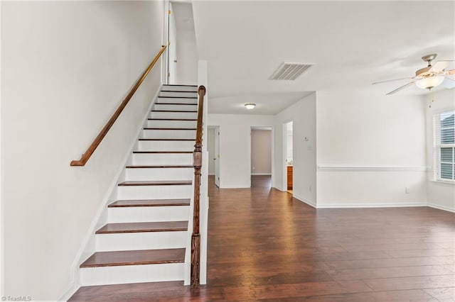 4887 Old Towne Village Cir, Pfafftown, NC 27040 - stairs with ceiling fan, visible vents, baseboards, and hardwood / wood-style floors
