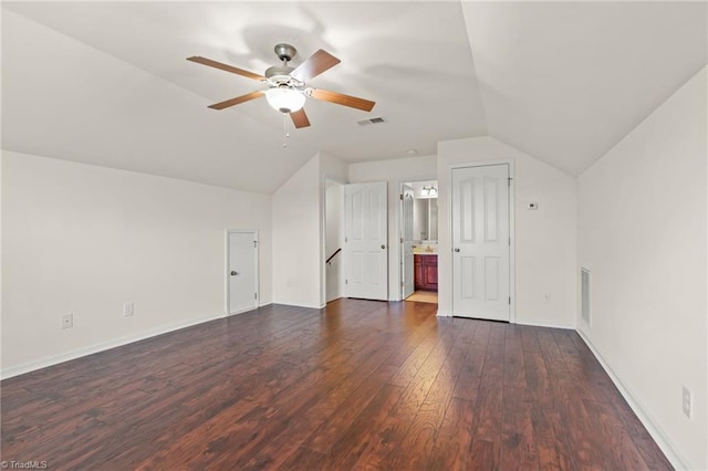 4887 Old Towne Village Cir, Pfafftown, NC 27040 - bonus room with visible vents, lofted ceiling, baseboards, dark wood-type flooring, and a ceiling fan