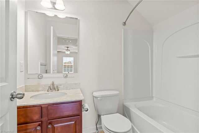4887 Old Towne Village Cir, Pfafftown, NC 27040 - bathroom with vanity, toilet, baseboards, shower / bath combination, and a ceiling fan