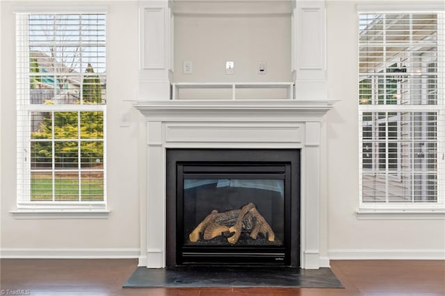 4887 Old Towne Village Cir, Pfafftown, NC 27040 - interior details with a glass covered fireplace, baseboards, and wood finished floors