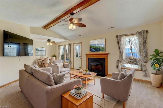 living room featuring vaulted ceiling with beams, baseboards, visible vents, and light colored carpet