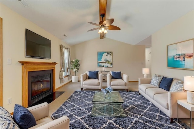 living room with vaulted ceiling with beams, a fireplace with flush hearth, visible vents, baseboards, and dark carpet