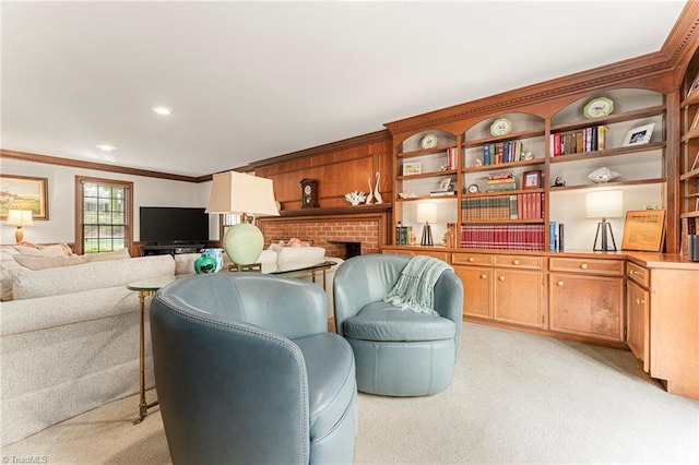 5001 Edinborough Rd, Greensboro, NC 27406 - living room with ornamental molding, light carpet, and a fireplace