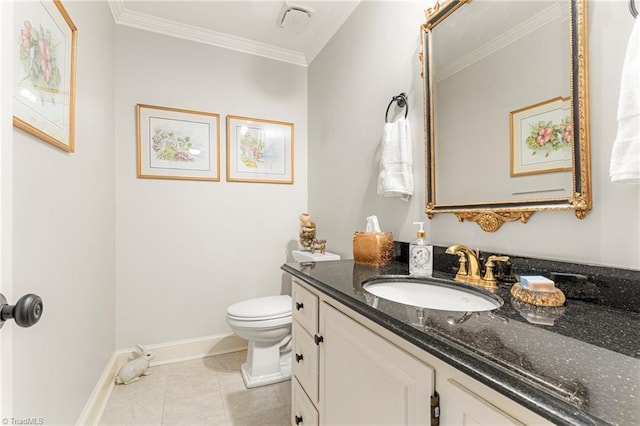 5001 Edinborough Rd, Greensboro, NC 27406 - half bath with vanity, tile patterned floors, crown molding, toilet, and baseboards