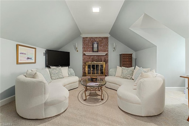 5001 Edinborough Rd, Greensboro, NC 27406 - carpeted living area featuring a brick fireplace, lofted ceiling, and baseboards
