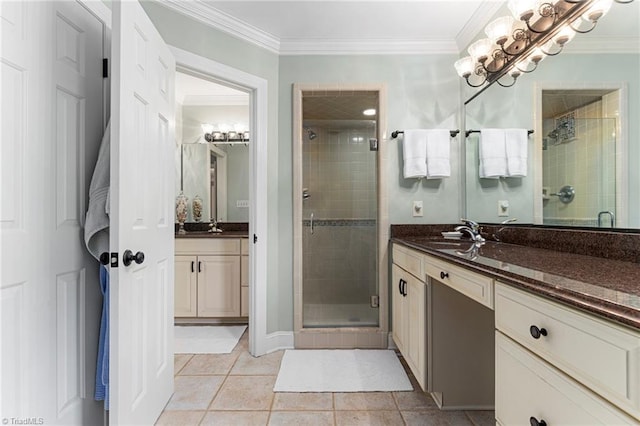 5001 Edinborough Rd, Greensboro, NC 27406 - bathroom featuring a stall shower, ornamental molding, and tile patterned flooring